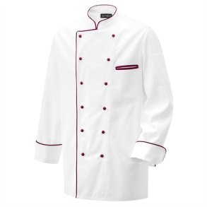203 - Kokkejakke hvid langrmet med piping i bordeaux