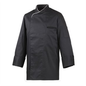 212 - Kokkejakke, langrmet, med trykknapper, farve sort, med slvgr kanter