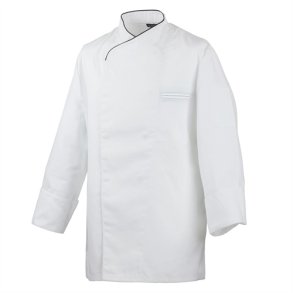 215 - Kokkejakke, langrmet, med trykknapper, farve hvid, piping i sort