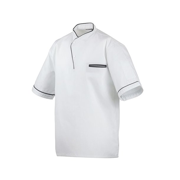 217 - Halvrmet kokkeskjorte med trykknapper og farvet kantbnd hvid