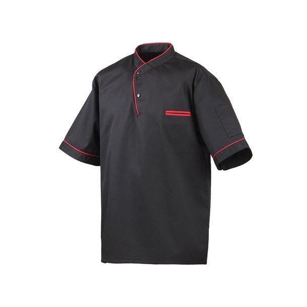 217 - Halvrmet kokkeskjorte med trykknapper og farvet kantbnd sort