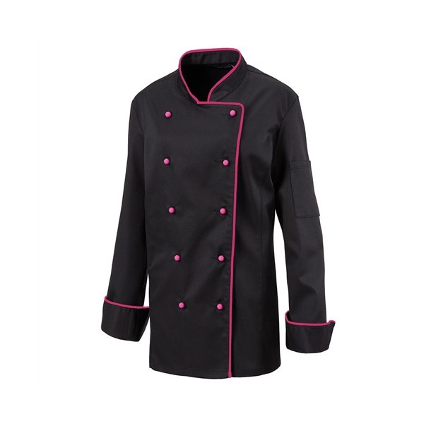 219 - Kokkejakke til damer, langrmet, skrddersyet, farve sort, med pink kanter