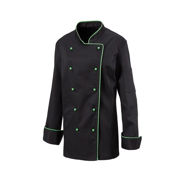 219 - Kokkejakke til damer, langrmet, skrddersyet, farve sort, med grn kanter