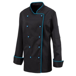 219 - Kokkejakke til damer, langrmet, skrddersyet, farve sort, med turkis kanter