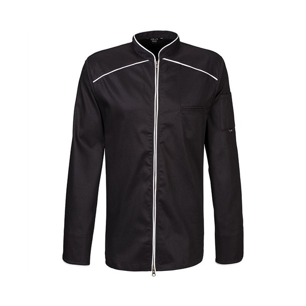 220 - Langrmet kokkejakke, 2-vejs lynls, farve sort med hvid