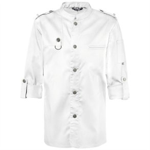 222 - Biker stil kokkejakke, justerbare lange rmer, trykknapper hvid