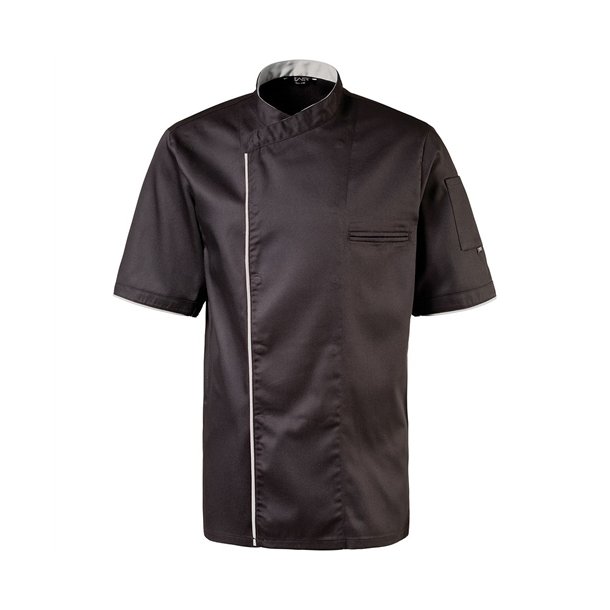 224 - Kokkejakke med halvrmer, trykknapper, farve sort med slvgr piping