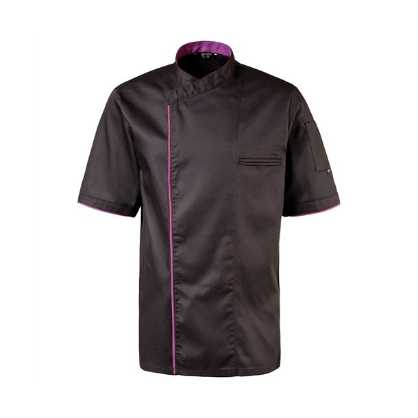 224 - Kokkejakke med halvrmer, trykknapper, farve sort med purple piping