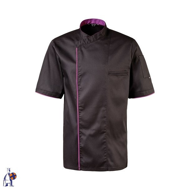 224 - Kokkejakke med halv�rmer, trykknapper, farve sort med purple piping