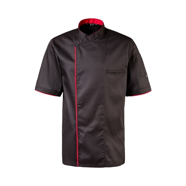 224 - Kokkejakke med halvrmer, trykknapper, farve sort med rde piping