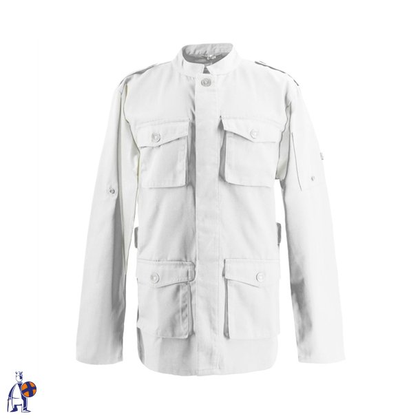 226 - Kokkejakke i parka-stil, lang�rmet, trykknapper hvid