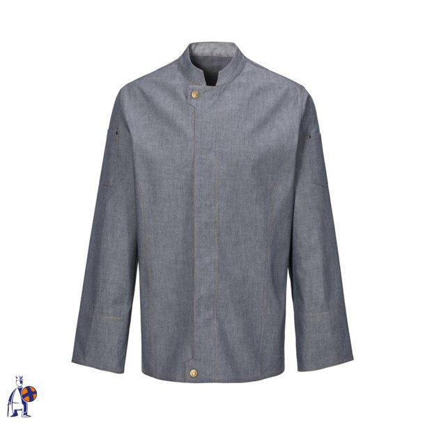 228 - Moderne kokkejakke, lang�rmet, denim, farve marinebl�