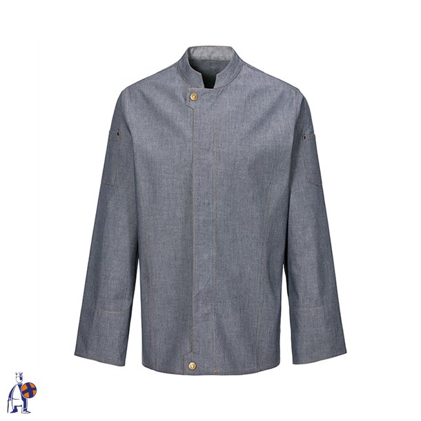 229 - Dame kokkejakke moderne, lang�rmet, denim, farve marinebl�