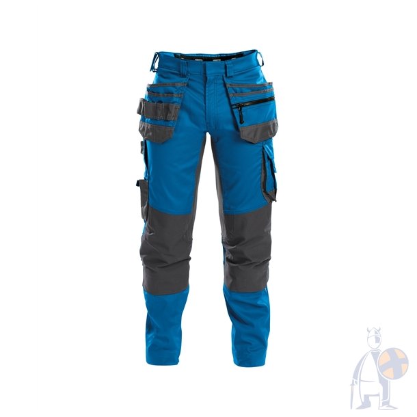Dassy � Flux arbejdsbukser med stretch, hylsterlommer og kn�lommer, Azurbl�/gr�